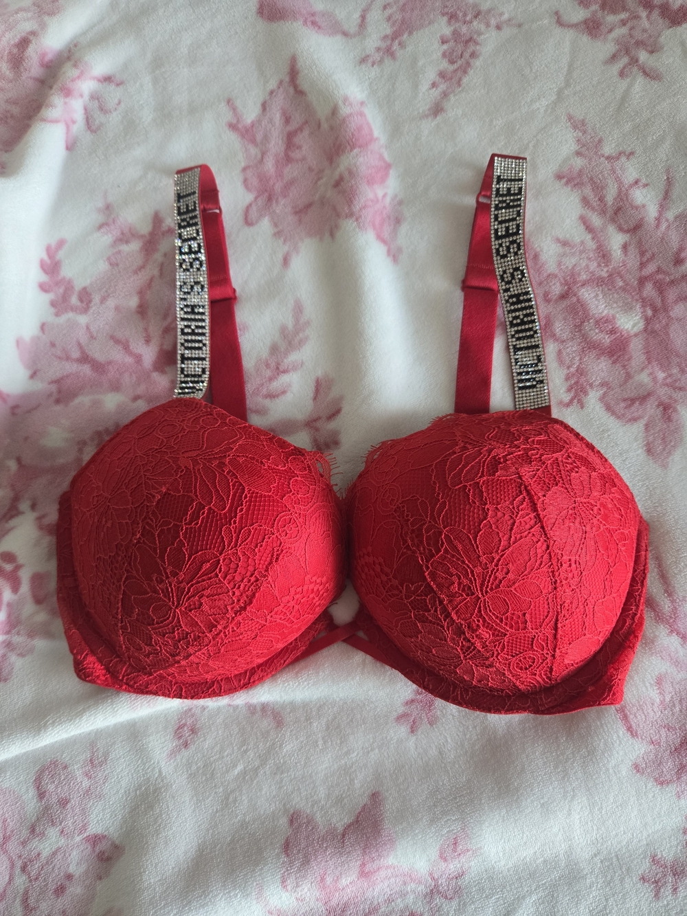Red Lace Push-Up Bra with Crystal-Embellished Straps